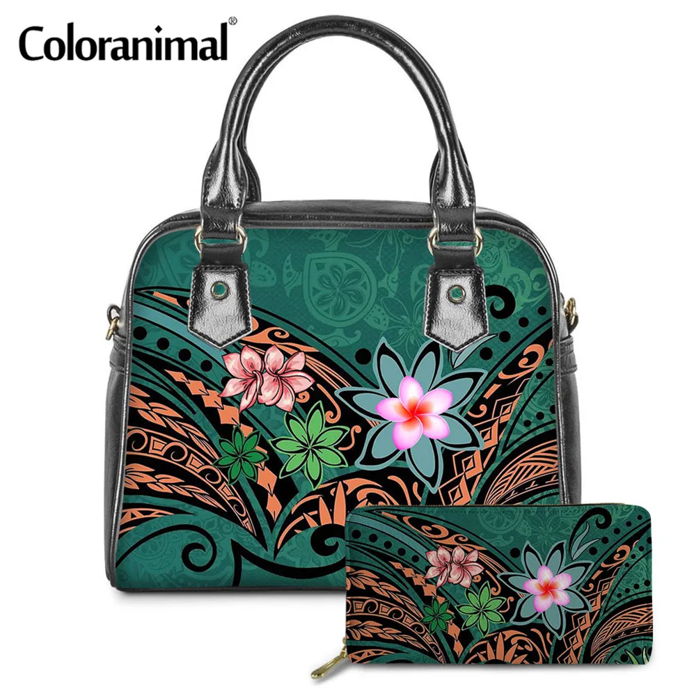

Coloranimal Samoan Hawaiian Polynesian Plumeria Print Ladies Messenger Bag PU 2Pcs/Set Shoulder Bag&Wallet Top-Handle Bag Bolsa