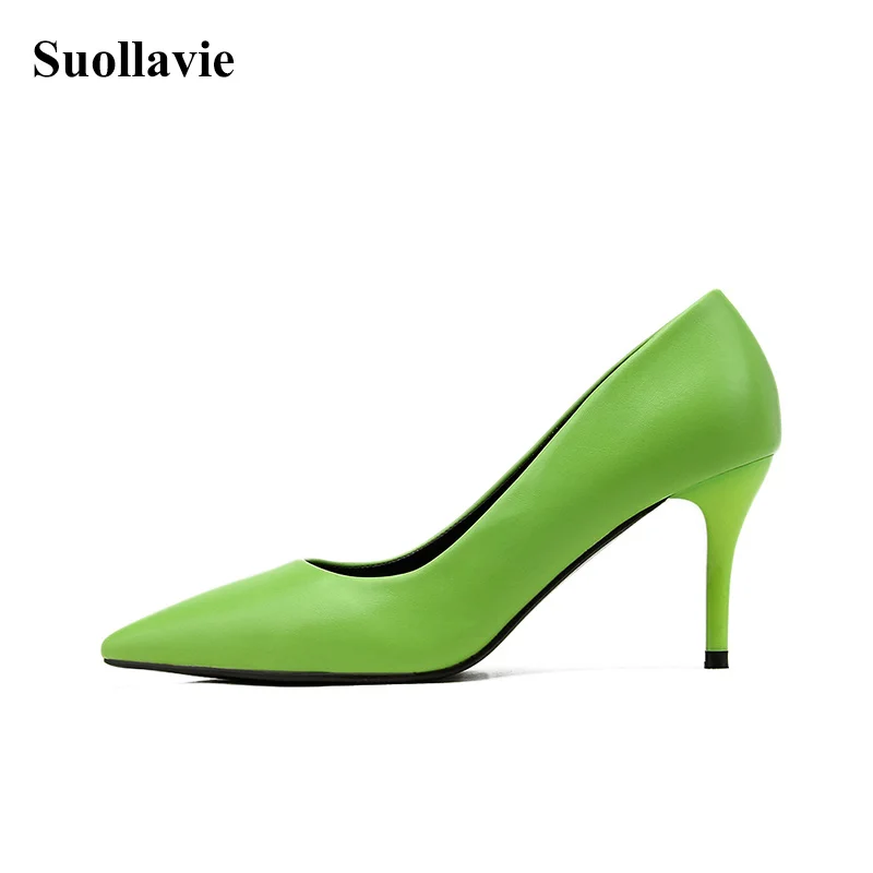 

Suollavie fresh green women pumps fashion slip-on shallow female pumps thin heel shoes women office heels pointed toe stiletto