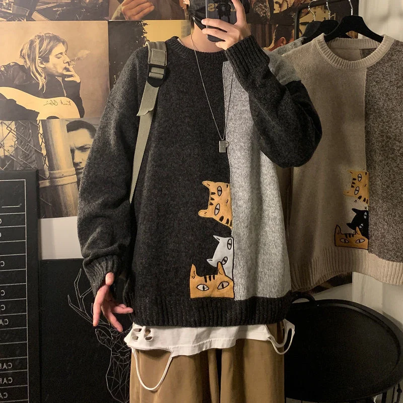 

Neploha New Spliced Color Cartoon Fun Cat Men's Sweater 2021 Autumn Winter O-Neck Casual Male Pullovers Streetwear Man's Tops
