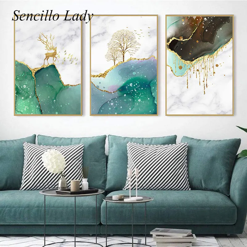 

Геометрический абстрактный арт, скандинавский постер и печать, зелено-золотой цвет, фотография стены в современном стиле для декора гостин...