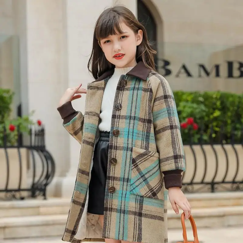 

Winter Girls Woolen Cloth Coat Fashion Plaid Single Breasted Turn Down Collar Long Jackets Kids Outdoor Windproof Overcoats