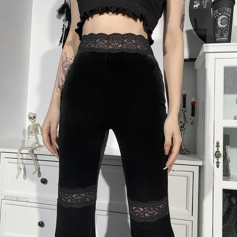 

Gothic Stitching Lace Trousers Dark Style New Hip Hop Flared Pants Student Dance Women's Black Harem Pants Streetwear