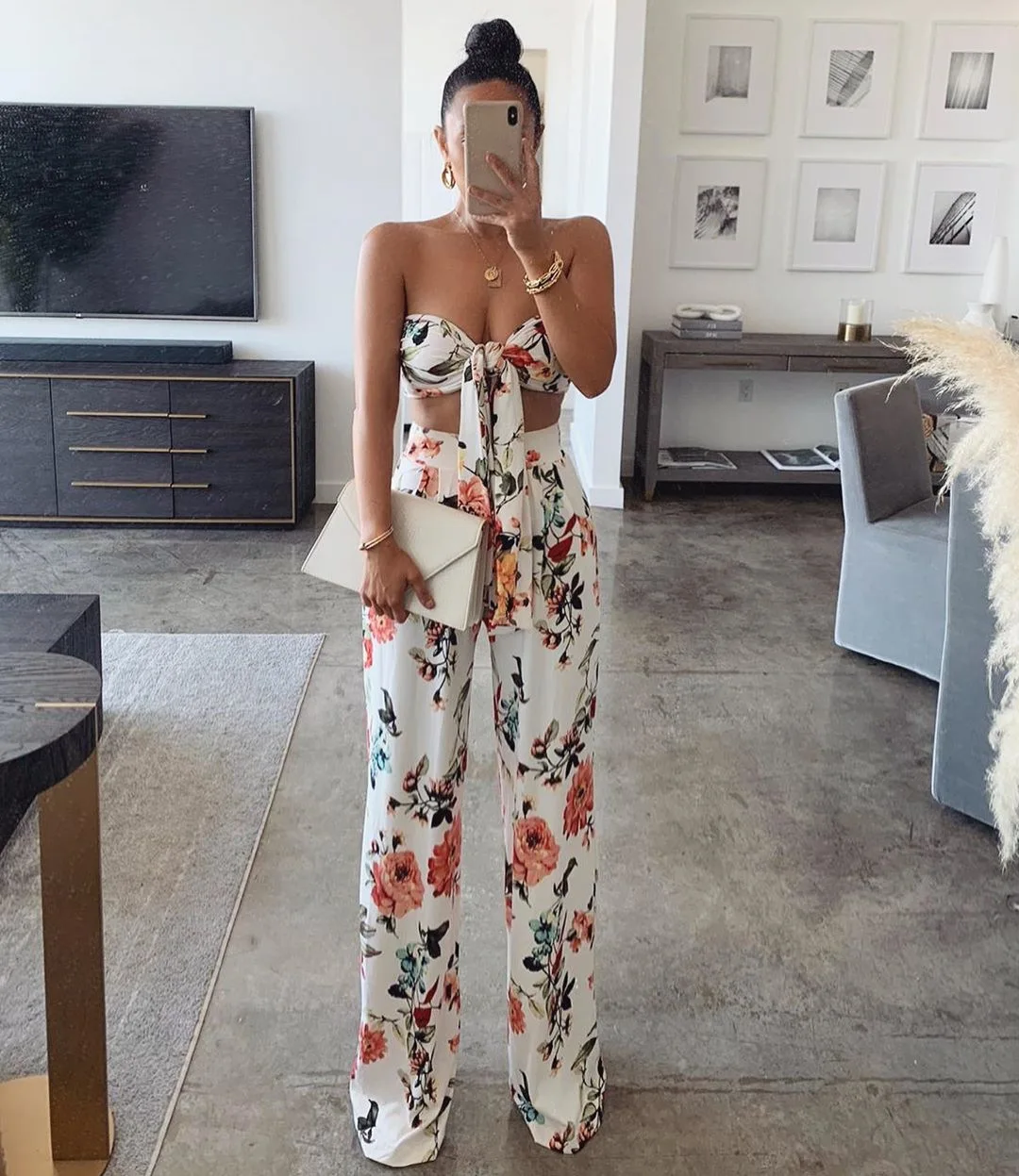 

2021 New Fashion Two Piece Sets Women Summer Sexy Outfits Flower Print Lace-up Tube Top and High Waist Long Pants Suits Clubwear