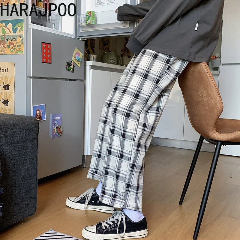 

Мужские брюки HARAJPOO, новинка сезона весна-осень 2021, модные Универсальные свободные прямые клетчатые брюки в гонконгском стиле Харадзюку