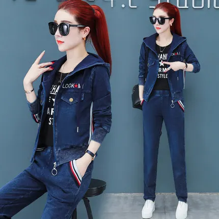 2020 осенний джинсовый костюм Женская куртка с капюшоном + брюки комплект из 2