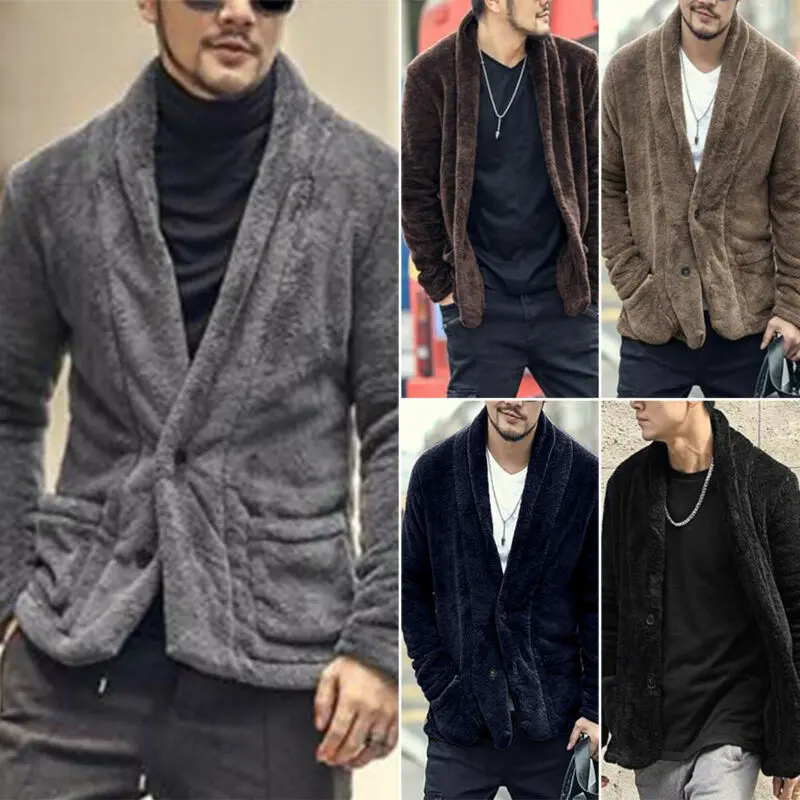 

Mens Long Sleeve Fluffy Jacket Winter Teddy Bear Coat Outwear Jacket Casual Tops