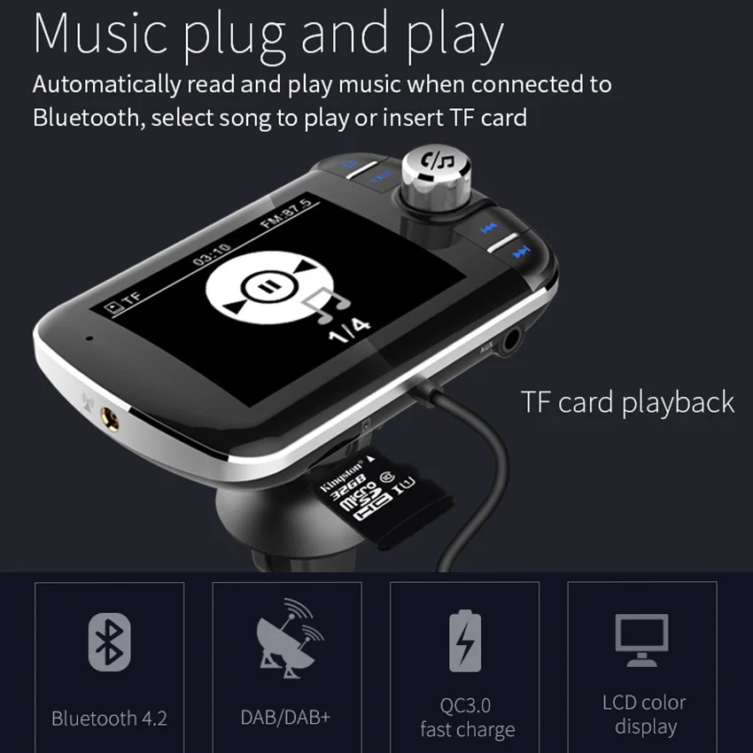 Konrisa DAB автомобильный радиоприемник тюнер AUX Outout Bluetooth fm-передатчик QC 3,0 быстрое зарядное устройство с tf-картой Зарядка для бардачка и игры
