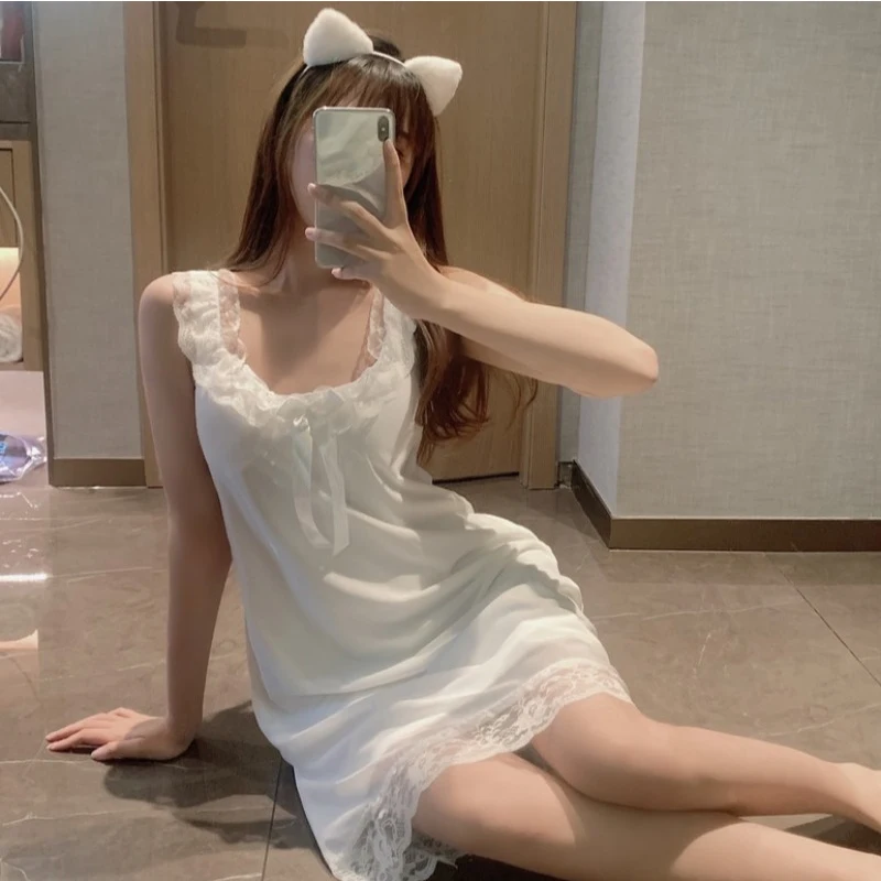 

Летняя новая сексуальная ночная рубашка на бретелях-спагетти кружевная ночная рубашка с бантом в стиле принцессы с нагрудной подушкой може...