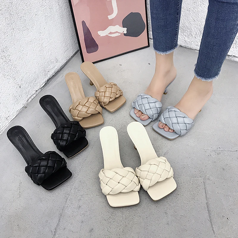 

Women Summer Slippers High Heels Square Sandals Head Slides Weave Casual Sandals Female Beach Mule Flip Flops Designer