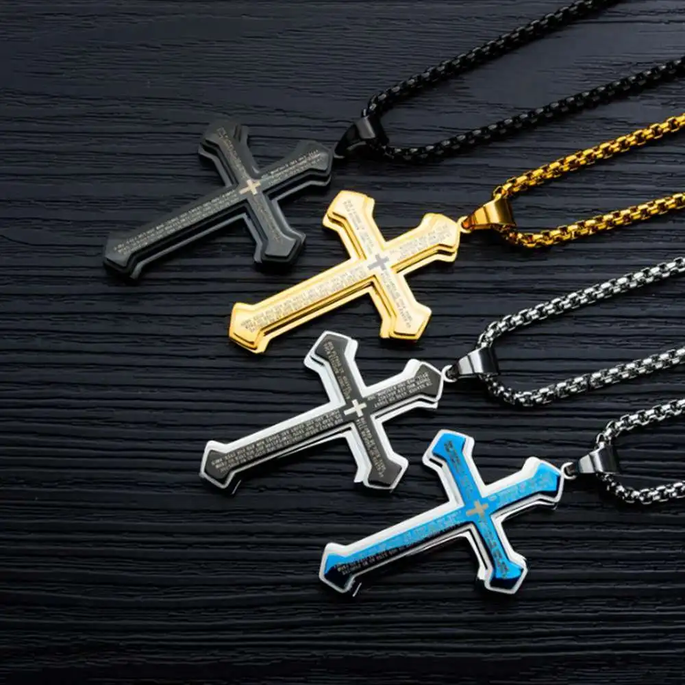

Men Titanium Steel Cross Biblical texts Pendant Necklace so238