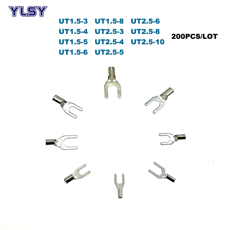 

200Pcs Non-insulated Fork Crimp Terminal UT1.5/2.5 Electric Spade Terminales Wire Connector Cable 16/14AWG 1.5/2.5mm2