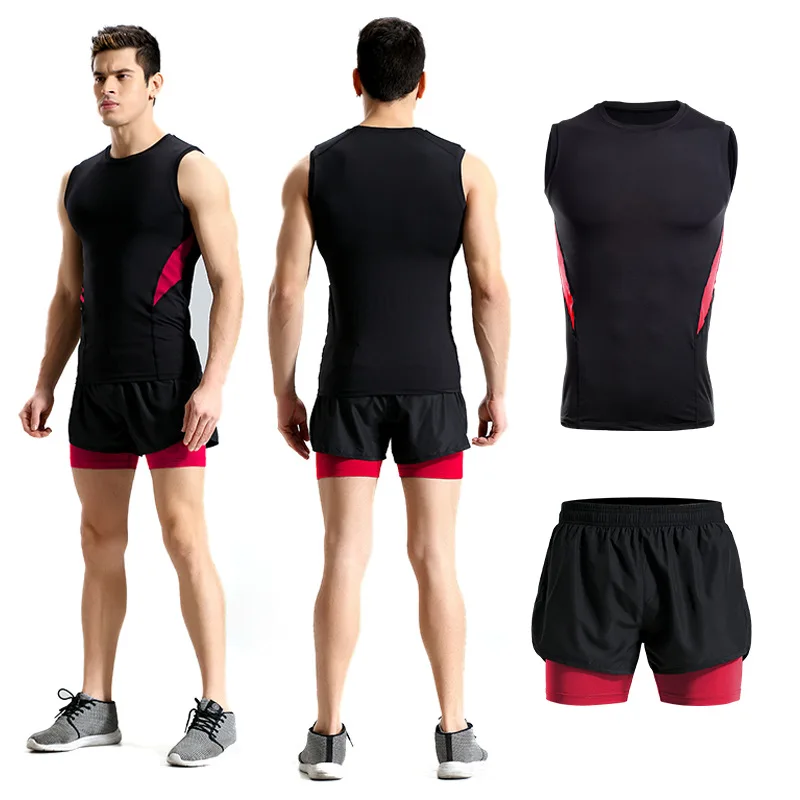 

Men Sportswear Tracksuit Sleeveless T-shirts Vest Sweatshirts+shorts Running Jogger Fitness Gym Workout Outfit Set Sport Suit