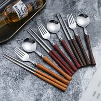 wooden cutlery sets portable tableware lmitation wood 304 stainless steel travel dinnerware suit environmental with case
