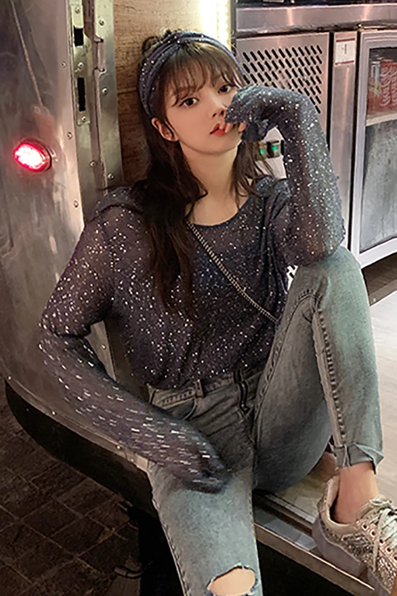 Рубашка Cakucool Женская трикотажная с блестками Базовый Топ длинным рукавом