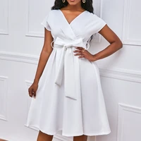 women elegant dress solid v neck short sleeve pleated bow belt evening party outfit summer loose casual new female clothing 3xl