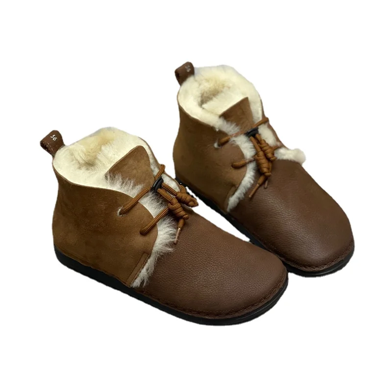 

81-8 Winter New Fur Integrated Leather Booties Wind Leather Soft Soles Thickened Warm Snow Boots