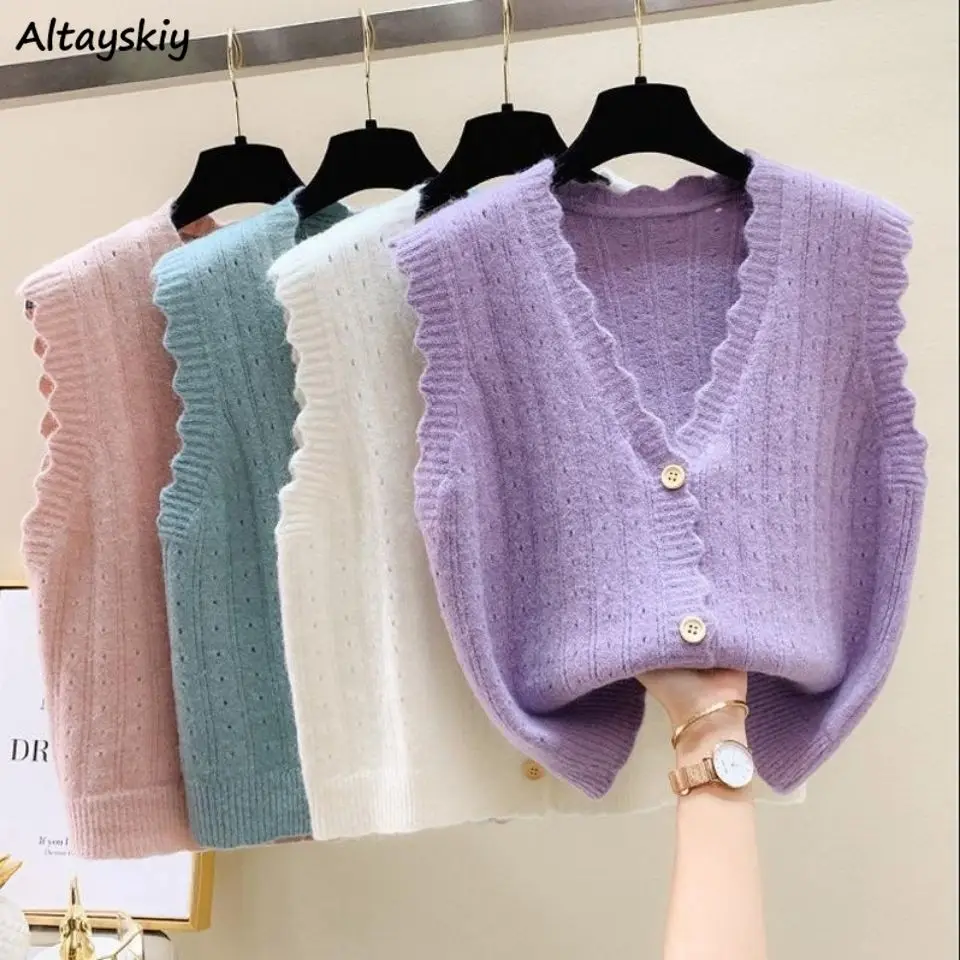 

Women Sweater Vests Solid Hollow Out V-neck Single Breasted Tender Retro Teens Wavy Sweet Lovely Ulzzang Casual Jumpers Elegant