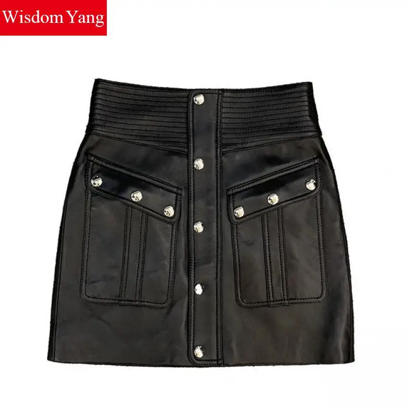 

Autumn Sheep Skin Genuine Leather Skirts Womens High Waist Black Skirt Wrap Sexy Lady Sexy Pockets Button Moto Wrap Bike Clothes