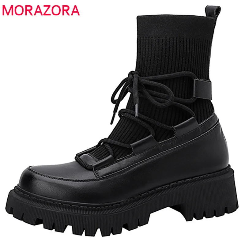 

MORAZORA 2022 Newest Stretch Sock Boots Women Shoes Black Genuine Leather Boots Comfortable Flat Shoes Women Ankle Boots