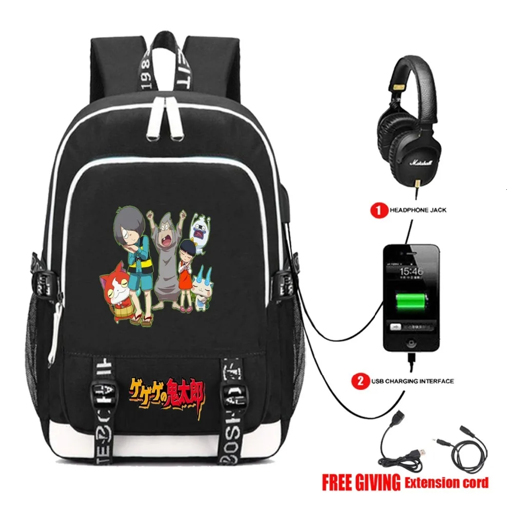 

anime GeGeGe no Kitaro backpack USB charging Headphone jack Students bookbag Men Teenage Laptop backpack travel bag 14 style