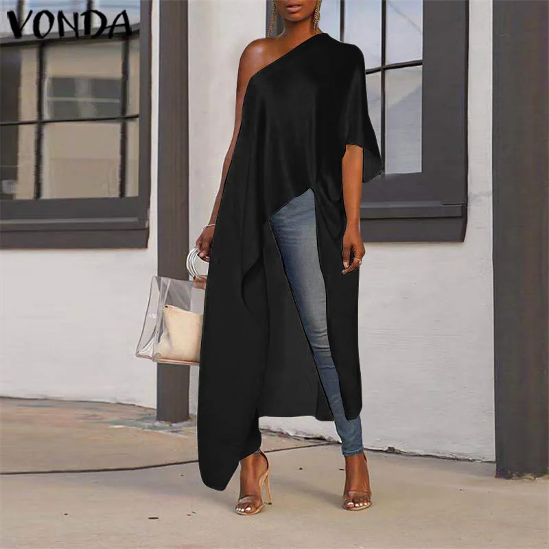 

Off Shoulder Tops VONDA 2022 Asymmetrical Tunic Women Sexy Party Shirts Long Blouse Holiday Beach Shirts Blusas