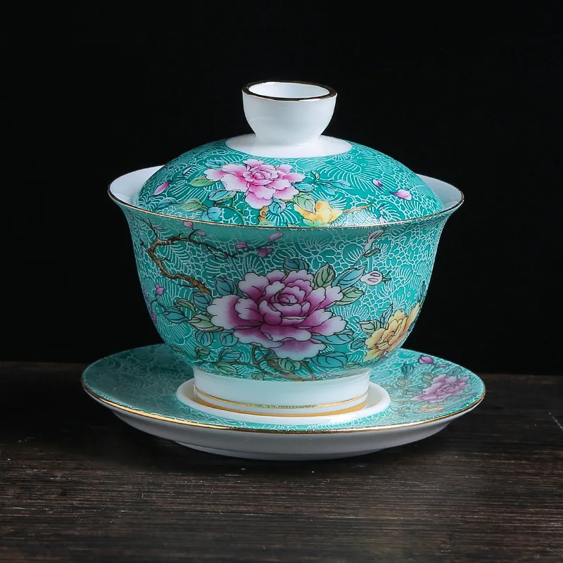 Cyan Керамическая эмалированная цветная чайная чаша Gaiwan в китайском стиле Sancai, набор чайных чашек и блюдца, 150 мл, бытовой чайник - Цвет: Cyan