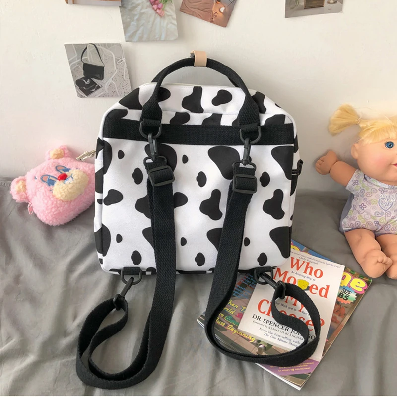 

Lovely Women's Backpack 3-in-1 Cow Spotted Female Multi-function Travel Bag Transparent Front Pocket Small Schoolbag SWD