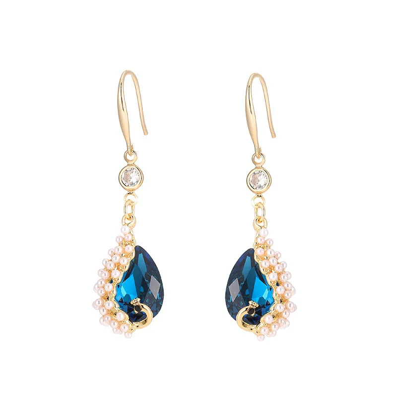 

TIMEONLY Retro Waterdrop Peacock Zircon Dangle Earring Luxury Simulated Pearl Shinning Crystal Earrings for Women Lady Jewelry