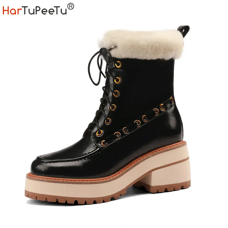 

Women Winter Snow Booties Warm Thick Plush Lining Retro Genuine Leather Martin Boots Chunky Block Heel Black Beige Platform Shoe