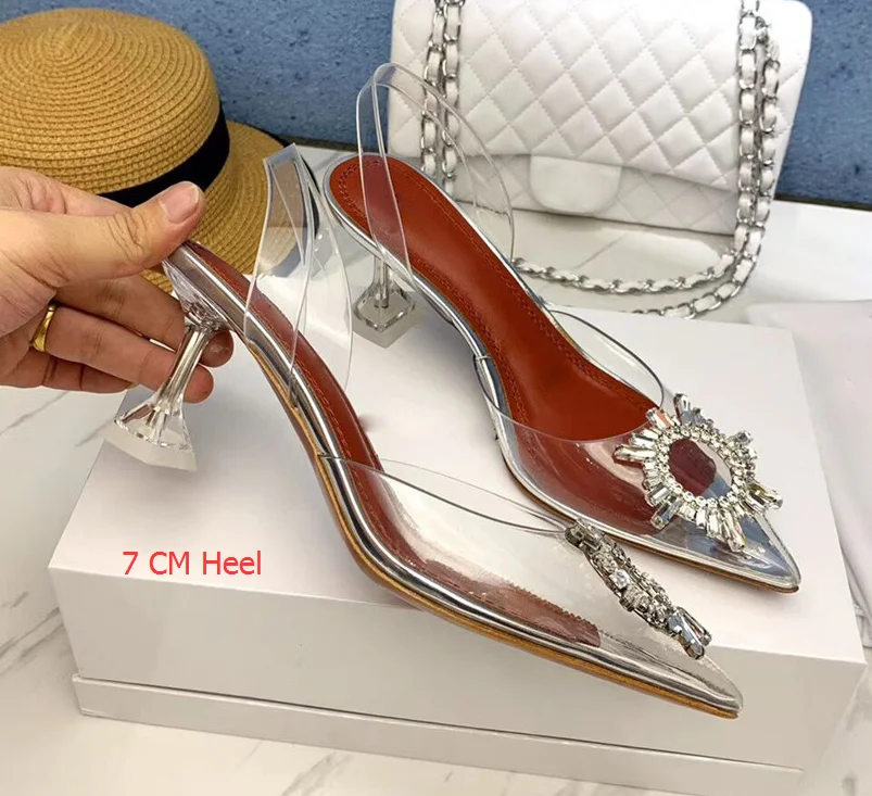 Transparent 7 cm Новинка; Прозрачный компас из ПВХ; женские сандалии с кристаллами; необычные прозрачные туфли на высоком каблуке с острым носком; женские свадебные вечерние туфли - Цвет: Transparent 7 cm