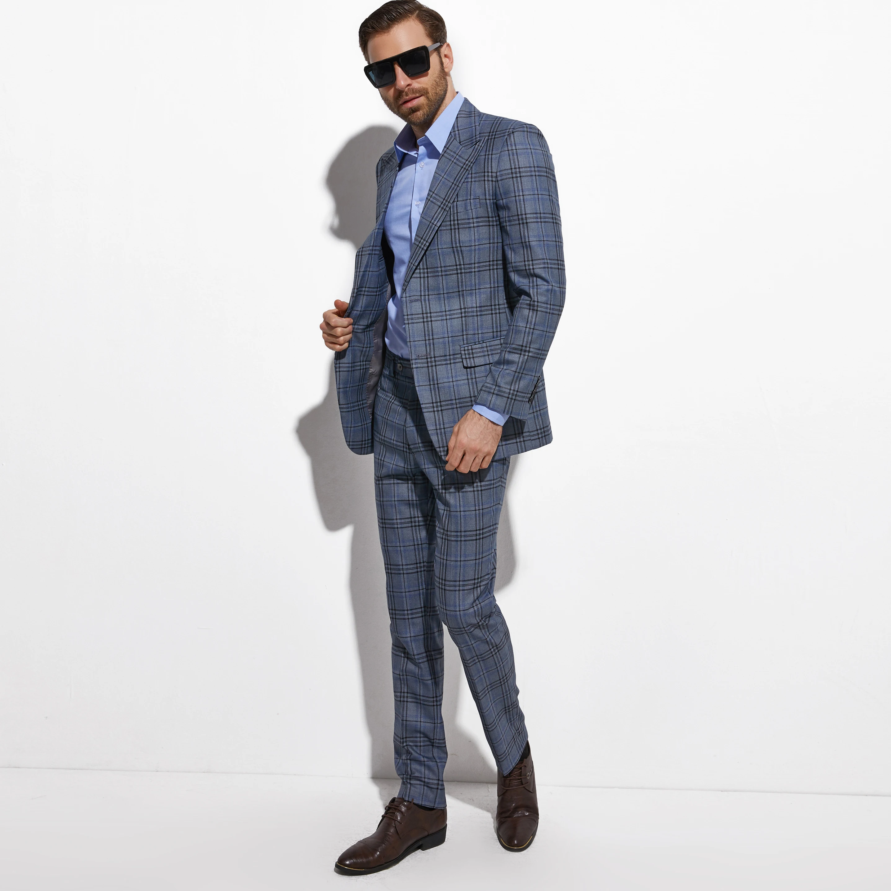 Модные синие серые клетчатые мужской костюм Индивидуальный заказ Slim Fit, в клетку, костюм из двух предметов Повседневное