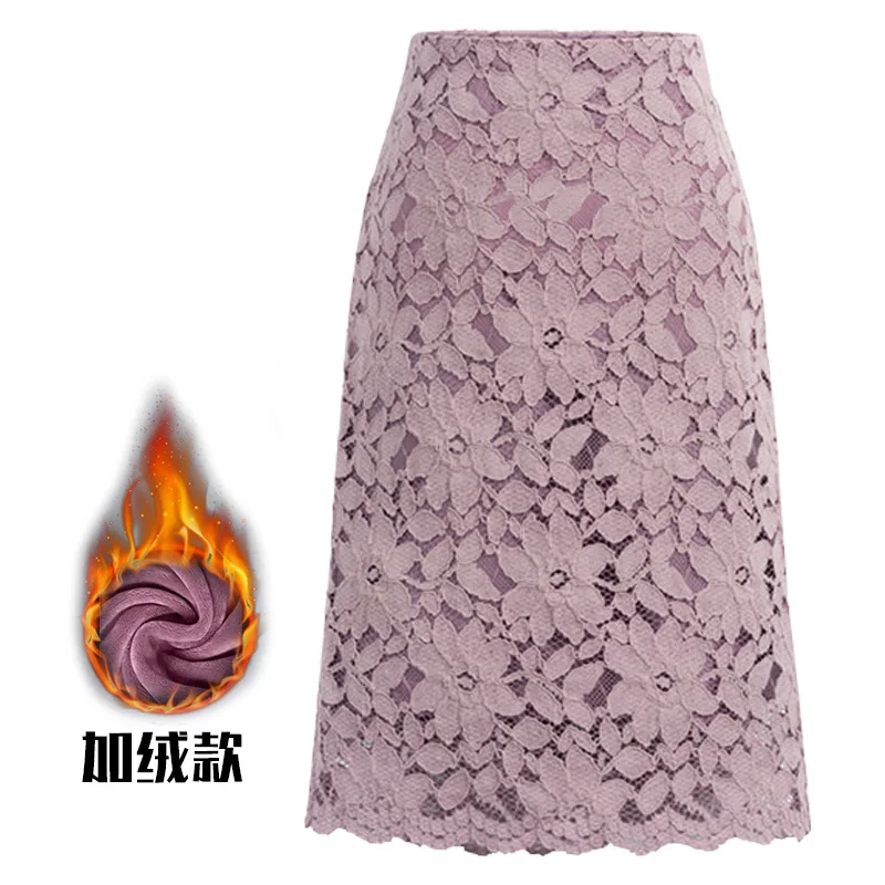 

Women's Skirts Autumn Winter Plus Velvet Large Size Lace Skirt Fashion Elegant A-line Mid-length Package Hip Slim-fit Warm Skirt