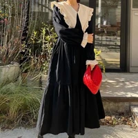 autumn spring 2021 turn down collar folds dress women flounced edge lace pullover dresses office lady ankle length dress