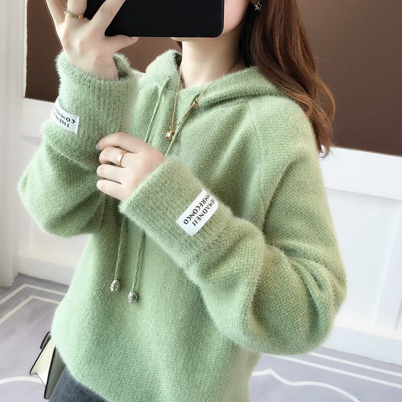 

2021 Women Pullover Female Casual Sweater Plaid O-neck Long Sleeve Mohair Sweater White