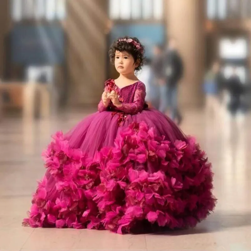 

Fuchsia Puffy Tulle Flower Girl Dresses Lace Handmade Flower V Neck Kids Pageant Dress Long Sleeve Girls Birthday Party Gowns