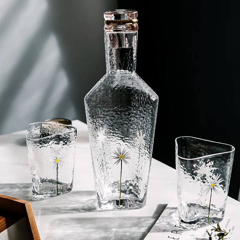 

Water Glass Cold Kettle Triangle Hand-Painted Chrysanthemum Glass Pot Cup Household Glass Jug Wine Set Drinking Ware