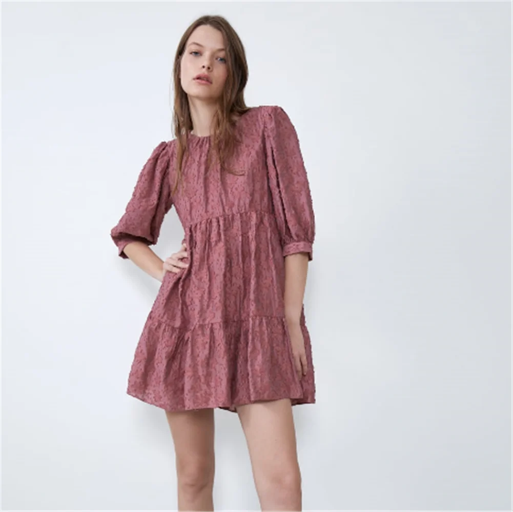 2020 ZA Spring New Ladies Dress Fashion Textured Loose Boho Women's Round Neck Short Sleeve Party Gift Wholesale | Женская одежда