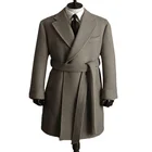 Однотонные красивые мужские костюмы с поясом, шерстяное плотное Модное Длинное Мужское пальто на заказ, светло-серое модное деловое пальто с лацканами, дешево