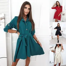 Primavera 2022 vestido de manga comprida botão cinto vestido (2)