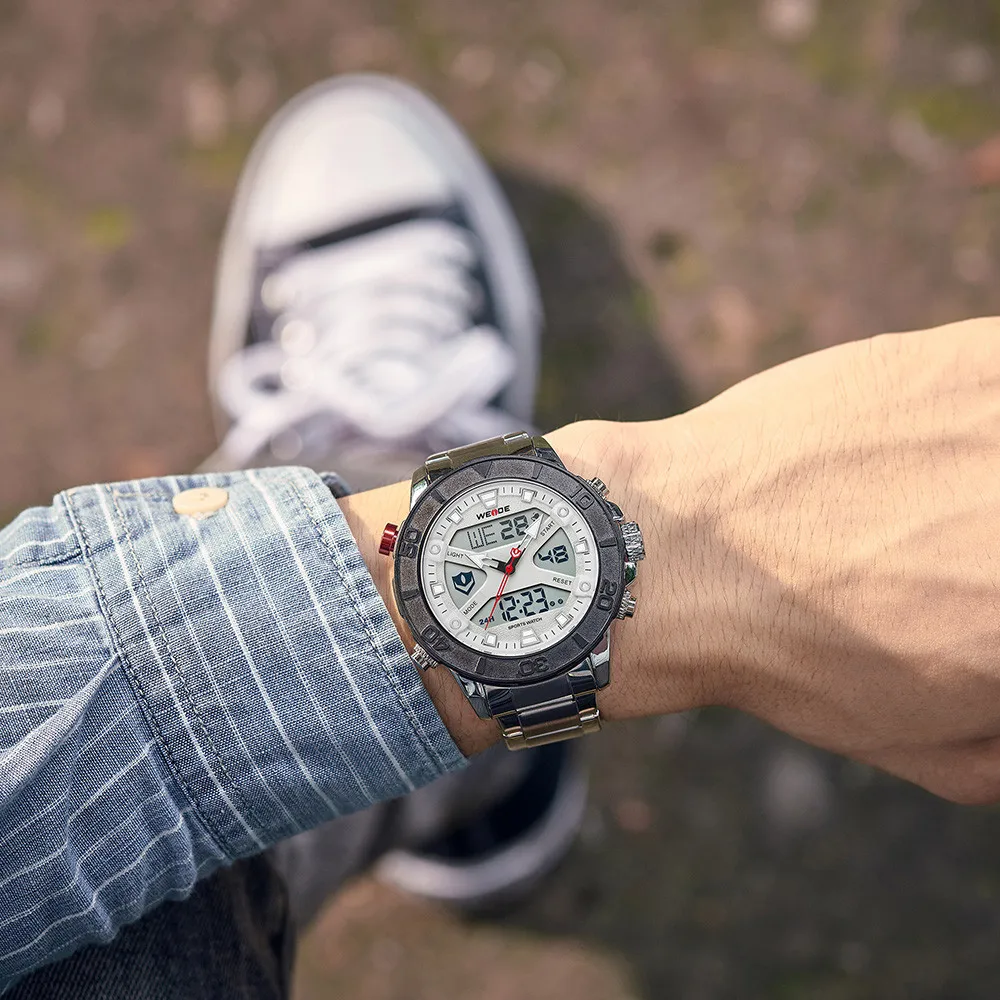 

WEIDE Men Watch Top Brand Luxury Dual Display Quartz Watch Stainless Steel Wristwatch Waterproof Chronograph relogio masculino