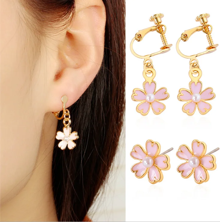 

Cute Pearl Cherry Blossoms Stud Earrings. Five Leaf Flower Dangle Earring,Elegant Little Flowers Plant Eardrop for Women Girl