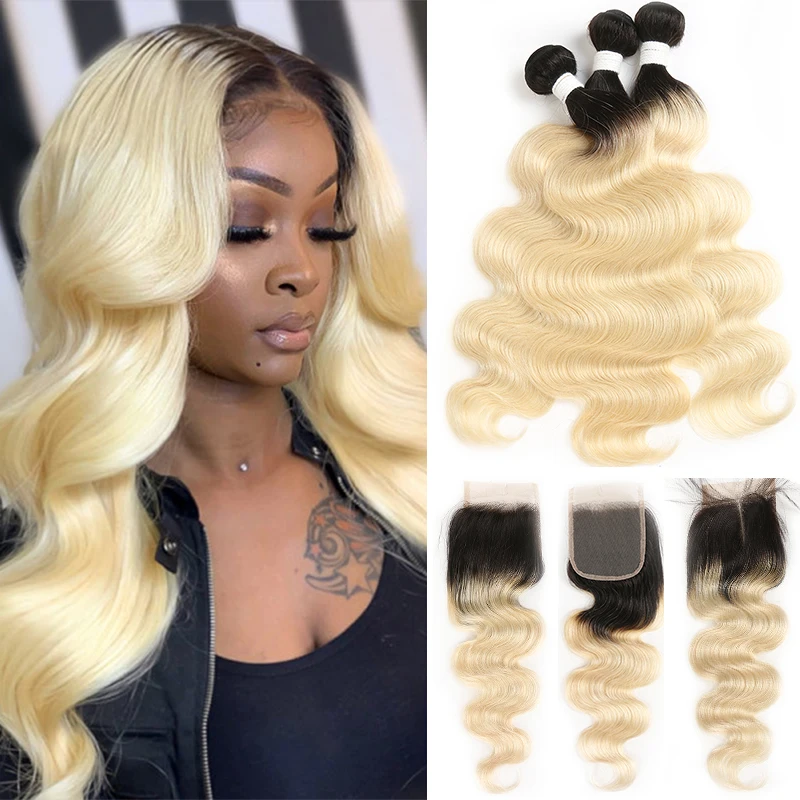 

T1B/613 Ombre Blonde Bundles With Closure Brazilian Body Wave Remy Human Hair Weave 3 Bundles With Lace Closure 4x4 SOKU