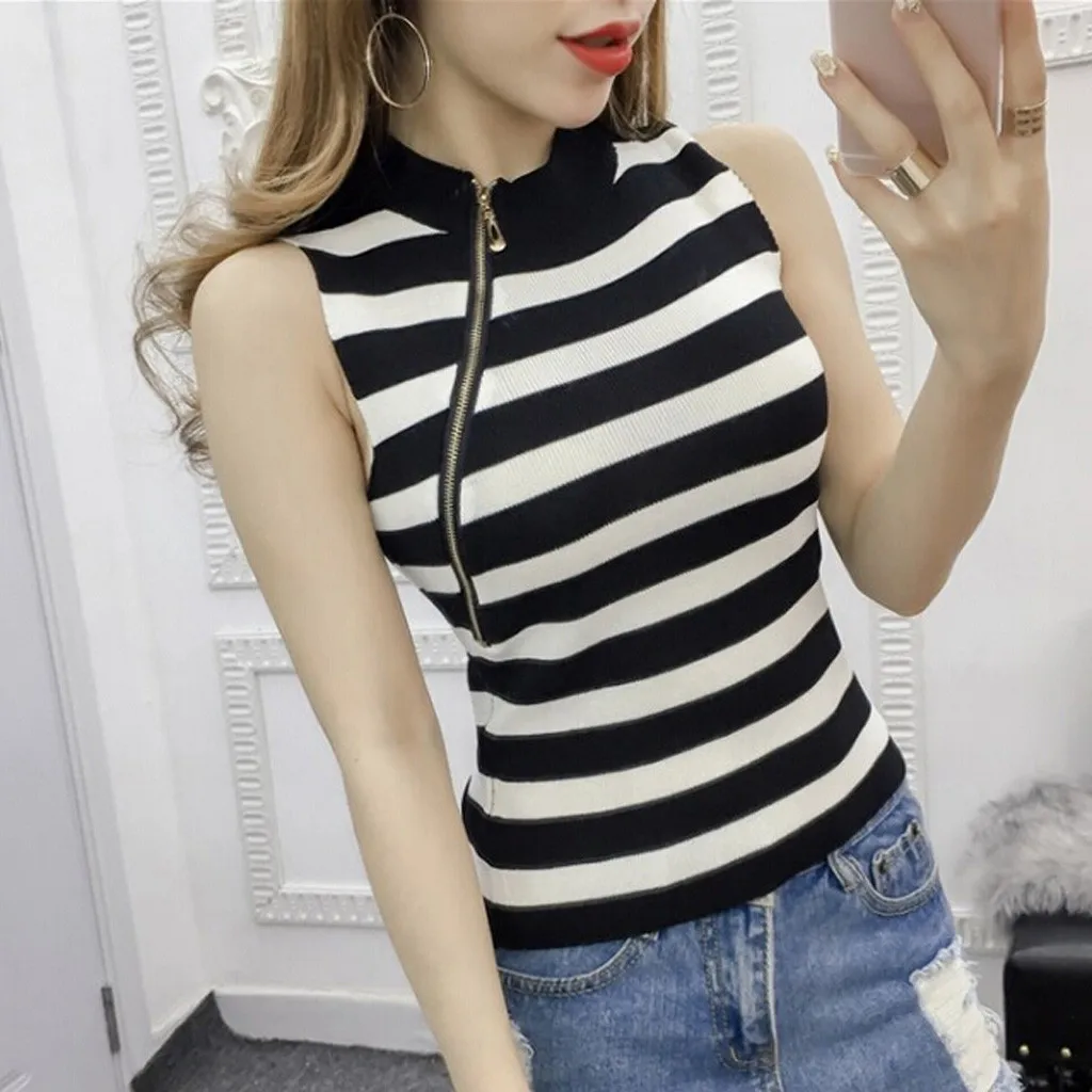 Женская футболка в полоску Вязанная без рукавов майка летняя тонкая топы Camiseta Mujer