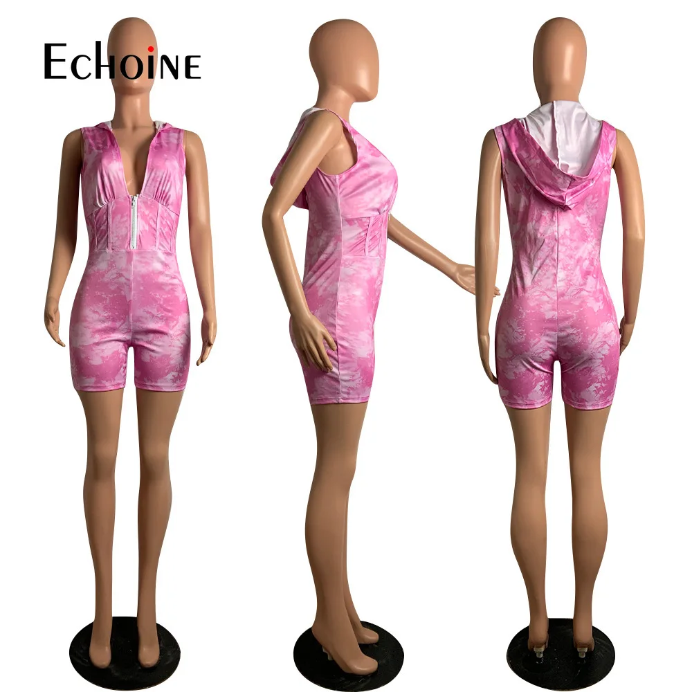 

Echoine Summer Tie-Dye Print Women Hooded High Waist Skinny Bodysuit Jumpsuit Sleeveless One Piece Overall Romper Playsuit