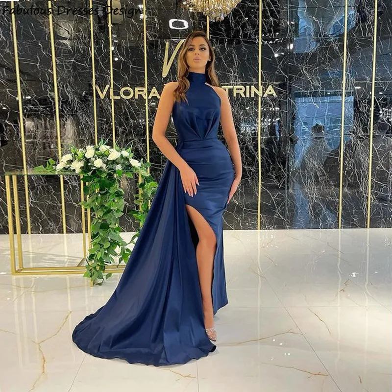 

2021 Navy Blue Mermaid Prom Dress Long Formal High Collar Dresses Woman Party Night Chic Evening Gowns Robe de soiree longue