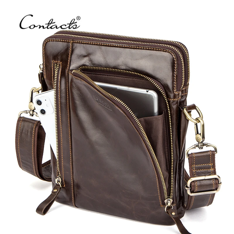 

CONTACT'S Quality Leather Male Casual Shoulder Messenger Bag Cowhide Leather Crossbody Bags for 10.5" iPad Men Handbags Bolsos