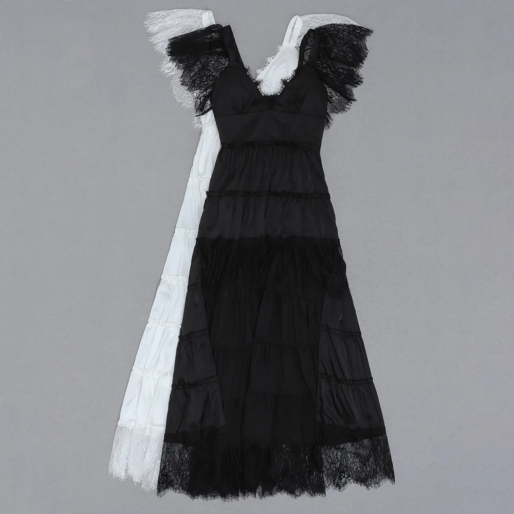 

Women Summer Sexy Short Sleeve V Neck White Black Lace Midi Dress 2021 Designer Fashion Evening Party Club Dress Vestido