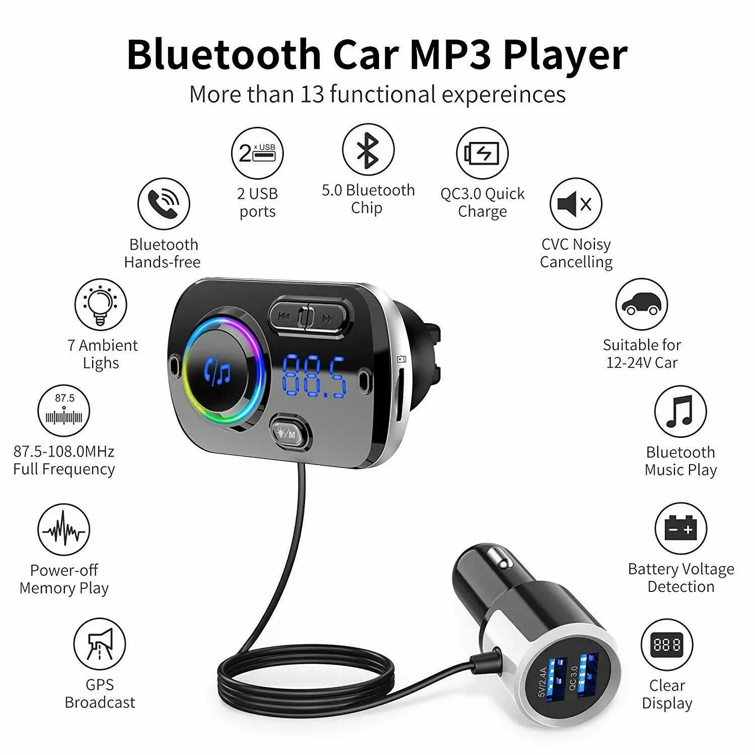 Беспроводной Bluetooth 5,0 Handsfree автомобильный комплект fm-передатчик MP3 плеер с QC3.0 Hifi воспроизведение музыки gps двойной USB зарядное устройство для Iphone