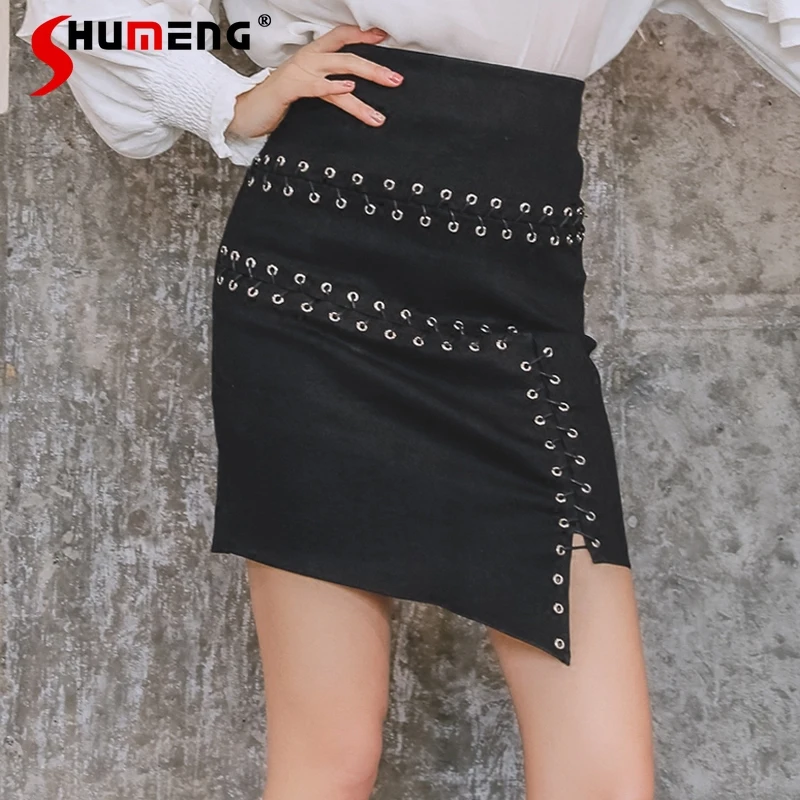 

Original Design 2021 New Spring Autumn England Style Black Cool Smart Skirt Women's A-line Retro Irregular Hip Above Knee Skirt