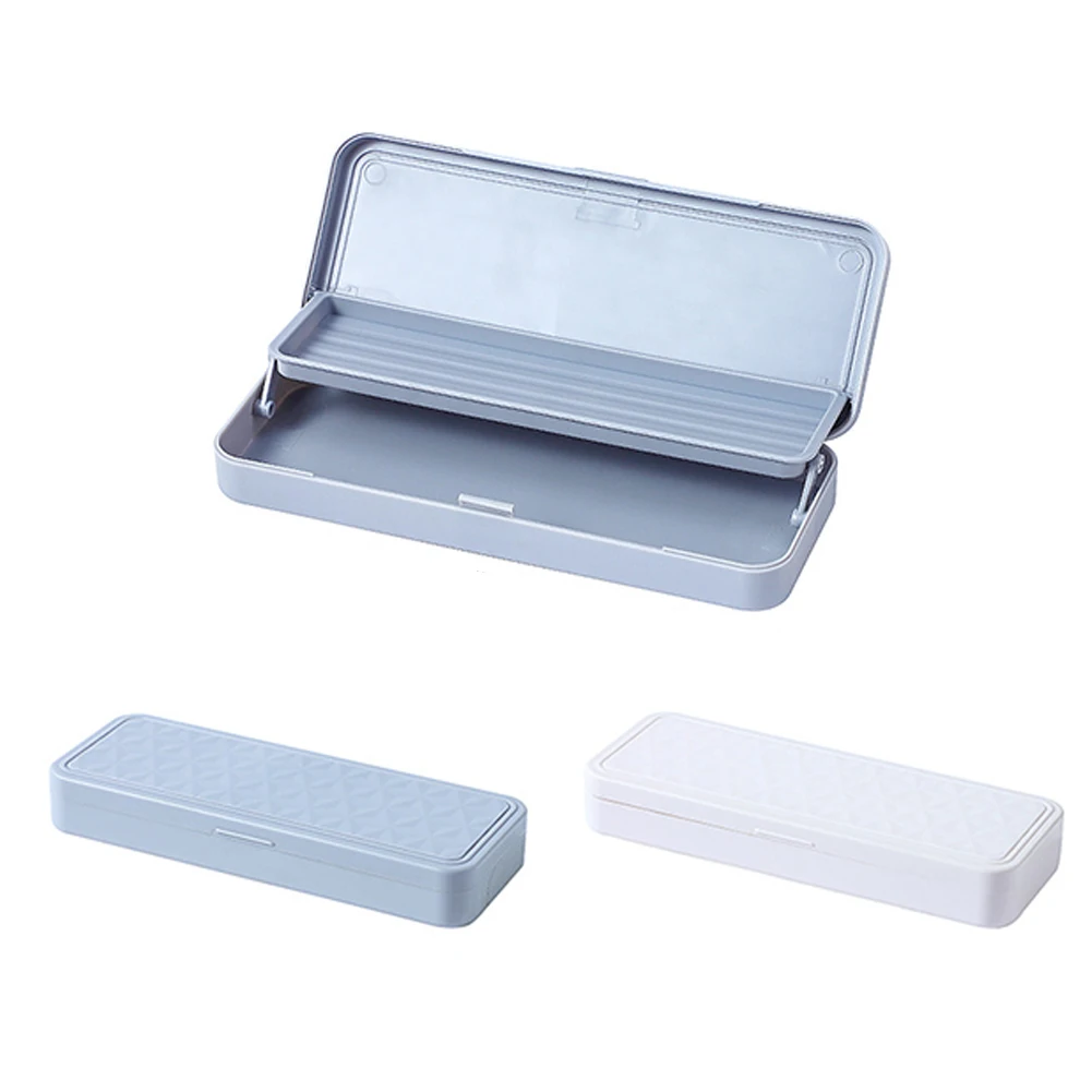 

2pcs ABS Daily Double Layer Portable Studying Stationery Storage Pencil Box Large Capacity Desktop Simple Home School Office